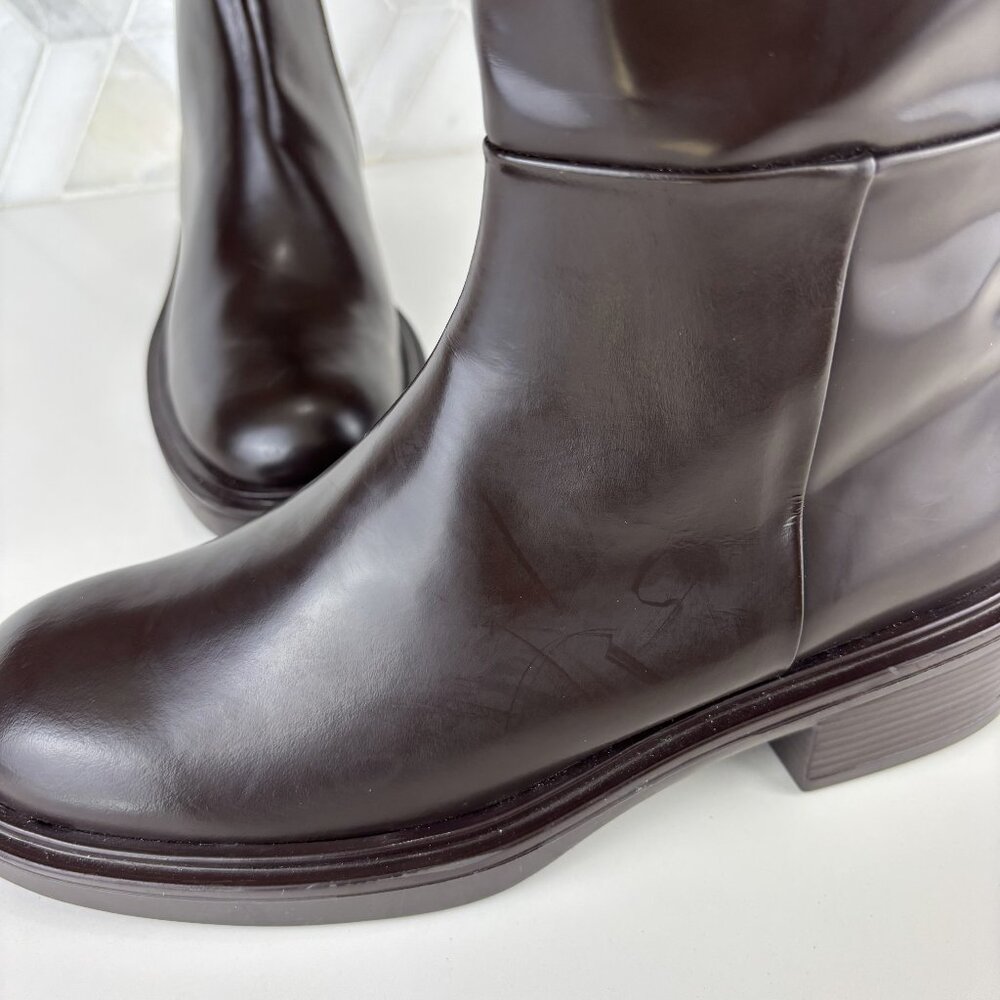 39/9 Dark Brown Walnut Round Toe Block Heel Wide Sole Knee High Pull On Zip Boot - Picture 10 of 16